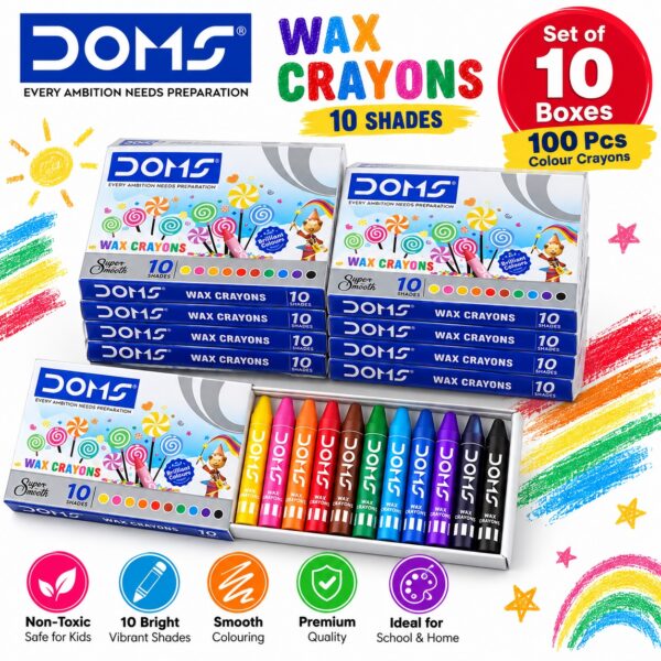 DOMS Wax Crayons 10 Assorted Shades - 10 Boxes Of 10 Colours Each