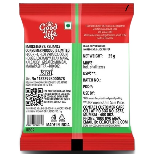 Good Life Dried Whole Spices Black Pepper Seeds - 25 g